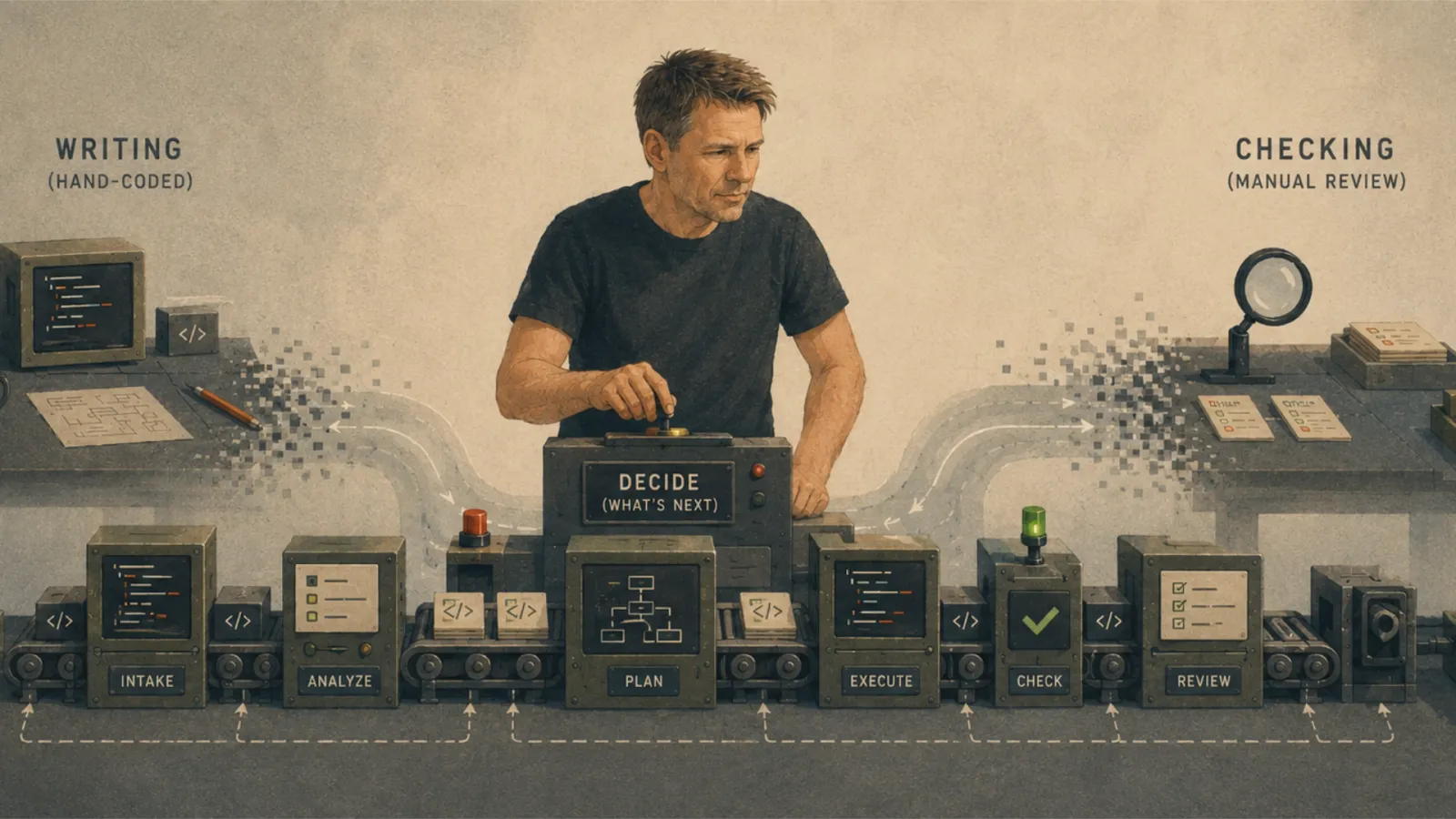 Illustration of a developer at a 'Decide what's next' console over an intake-to-review pipeline, as hand-coding and manual review fade away.